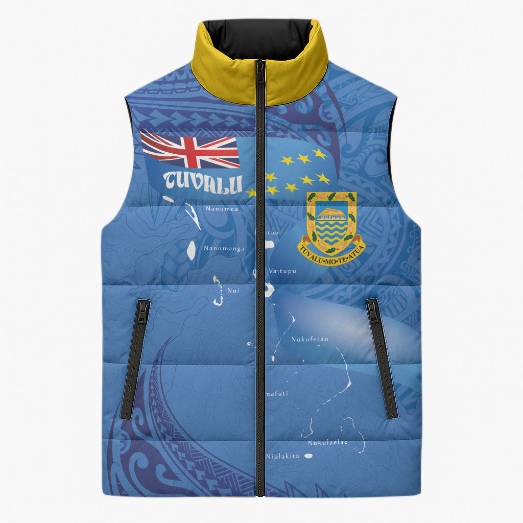 Tuvalu Heritage Sleeveless Puffer Jacket Map of the Islands and Polynesia Pattern LT03 Unisex Blue - Polynesian Pride