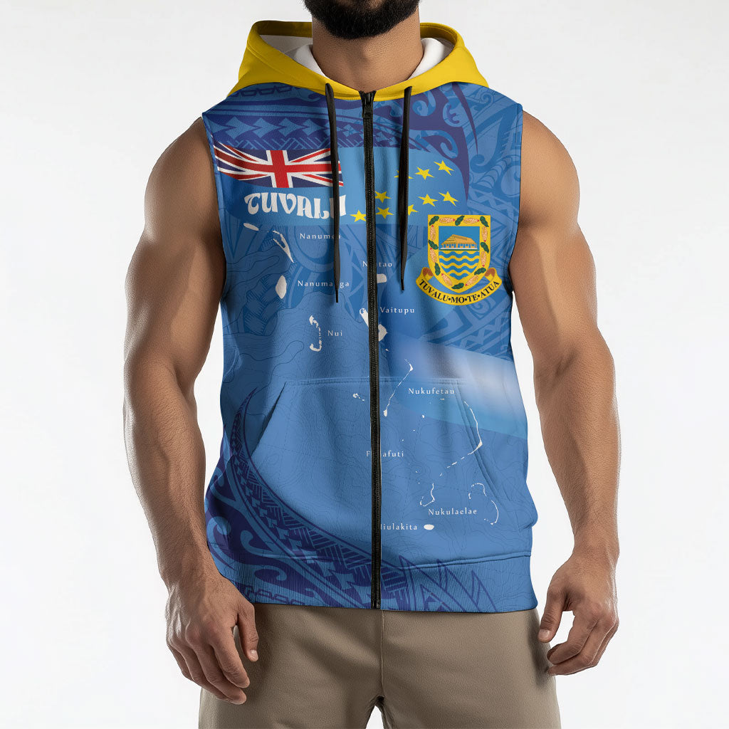 Tuvalu Heritage Sleeveless Zip Hoodie Map of the Islands and Polynesia Pattern