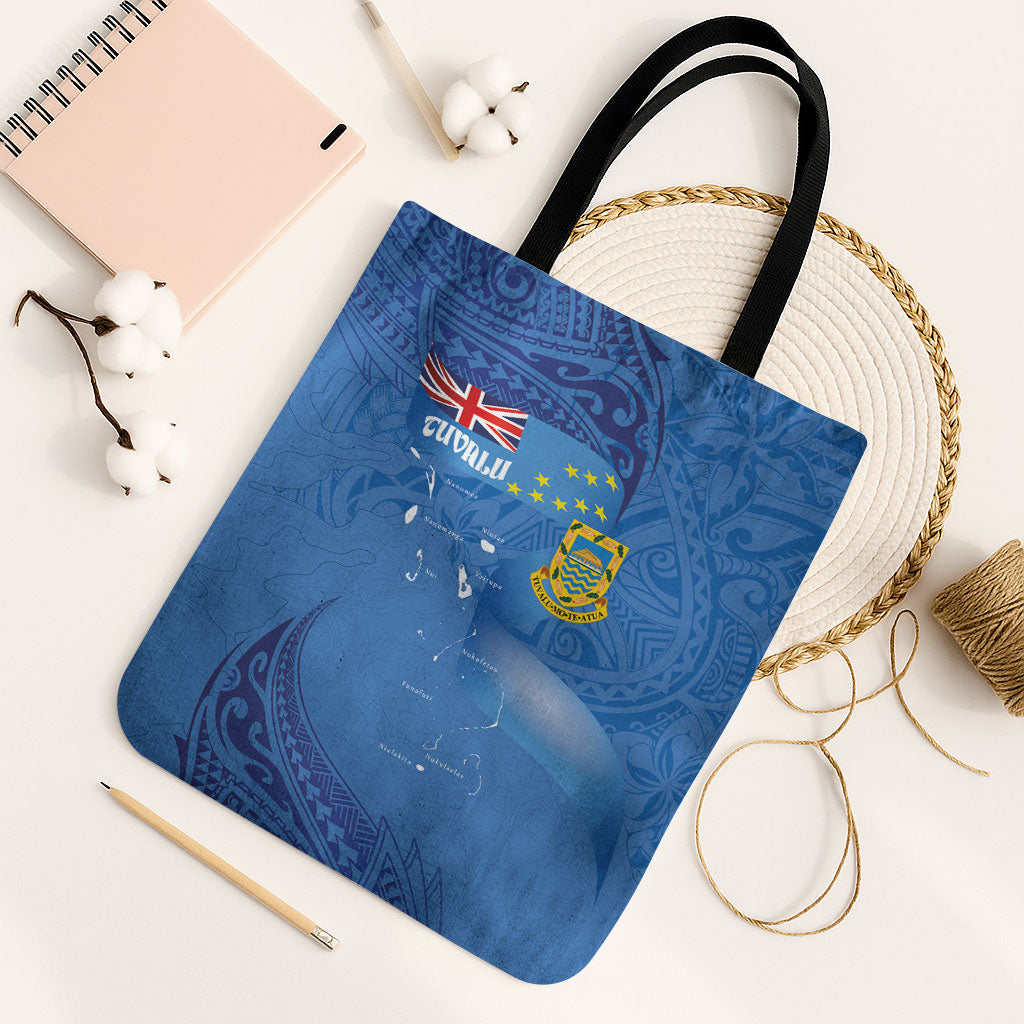 Tuvalu Heritage Tote Bag Map of the Islands and Polynesia Pattern LT03 Black Strap One Size Blue - Polynesian Pride