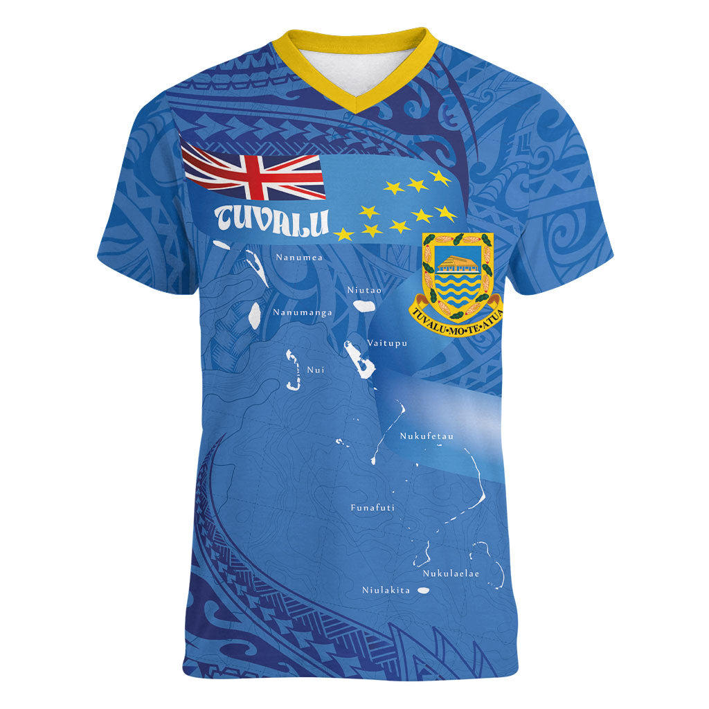 Tuvalu Heritage Women V-Neck T-Shirt Map of the Islands and Polynesia Pattern