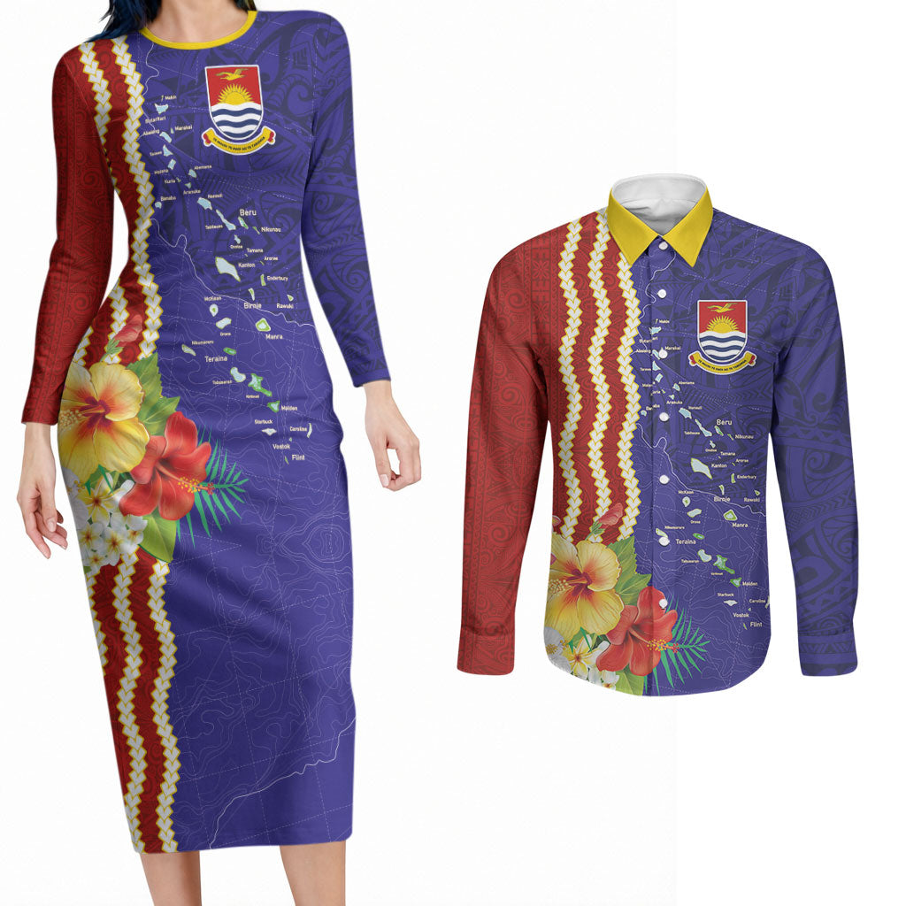 Kiribati Heritage Couples Matching Long Sleeve Bodycon Dress and Long Sleeve Button Shirt Map of the Islands and Polynesia Pattern LT03 Multicolor - Polynesian Pride