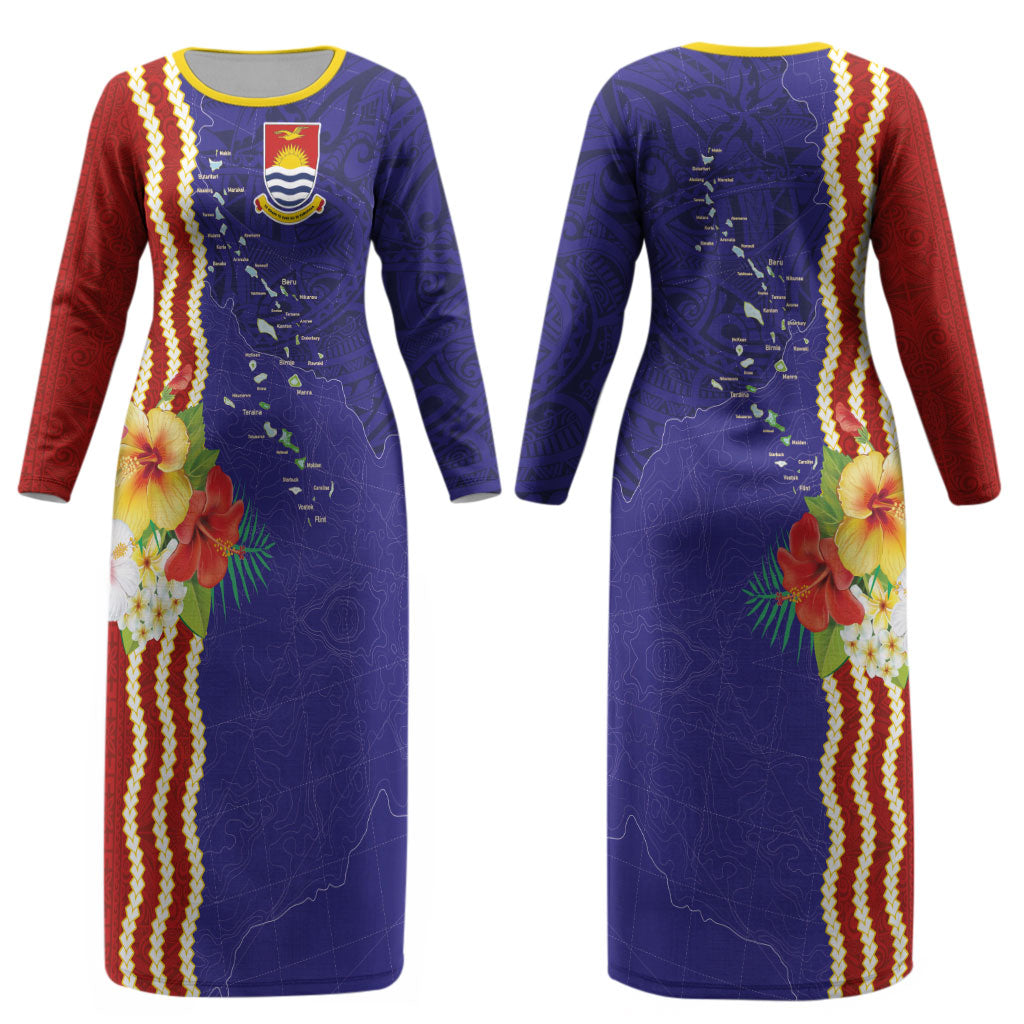 Kiribati Heritage Couples Matching Long Sleeve Bodycon Dress and Long Sleeve Button Shirt Map of the Islands and Polynesia Pattern