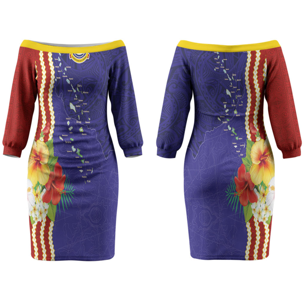 Kiribati Heritage Couples Matching Off The Shoulder Long Sleeve Dress and Hawaiian Shirt Map of the Islands and Polynesia Pattern