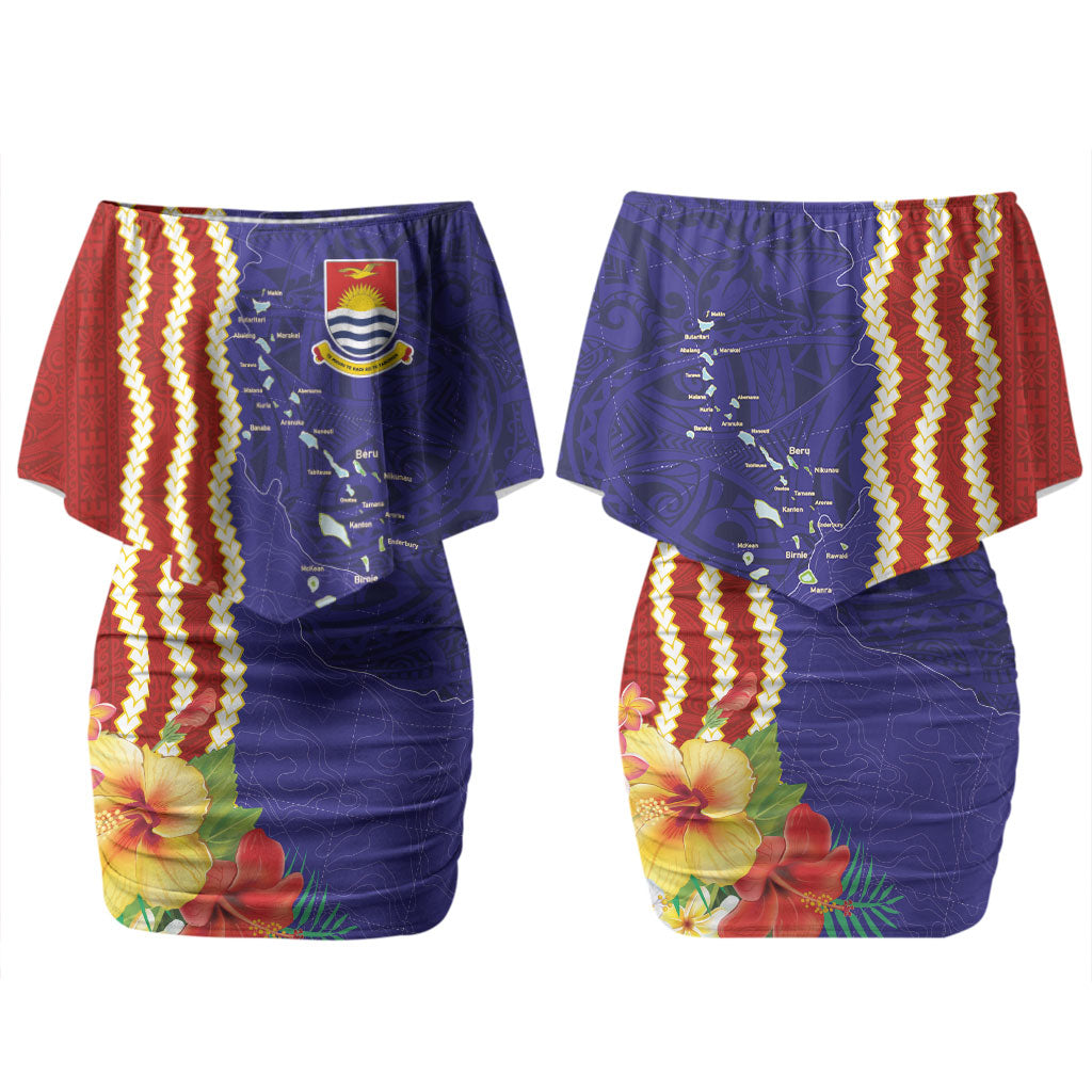 Kiribati Heritage Family Matching Off Shoulder Short Dress and Hawaiian Shirt Map of the Islands and Polynesia Pattern