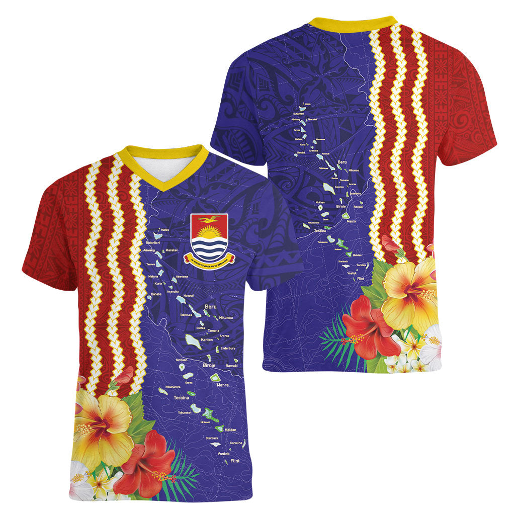 Kiribati Heritage Women V-Neck T-Shirt Map of the Islands and Polynesia Pattern