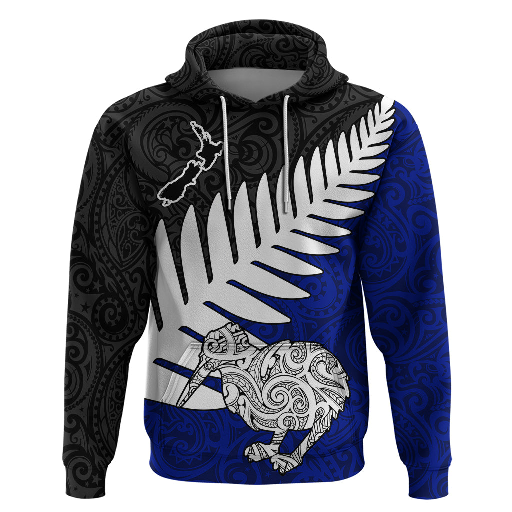 Aotearoa New Zealand Hoodie Silver Fern Kiwi Bird and NZ Map with Maori Tribal Blue Style LT03 Pullover Hoodie Blue - Polynesian Pride