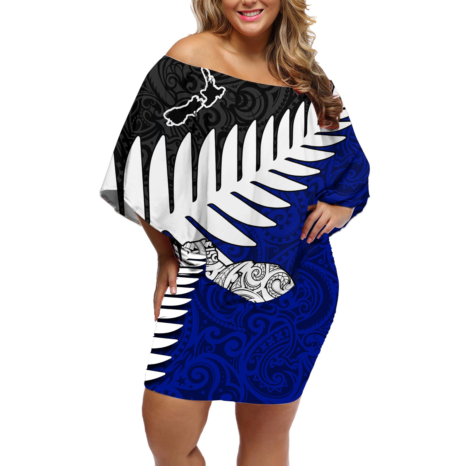 Aotearoa New Zealand Off Shoulder Short Dress Silver Fern Kiwi Bird and NZ Map with Maori Tribal Blue Style LT03 Women Blue - Polynesian Pride