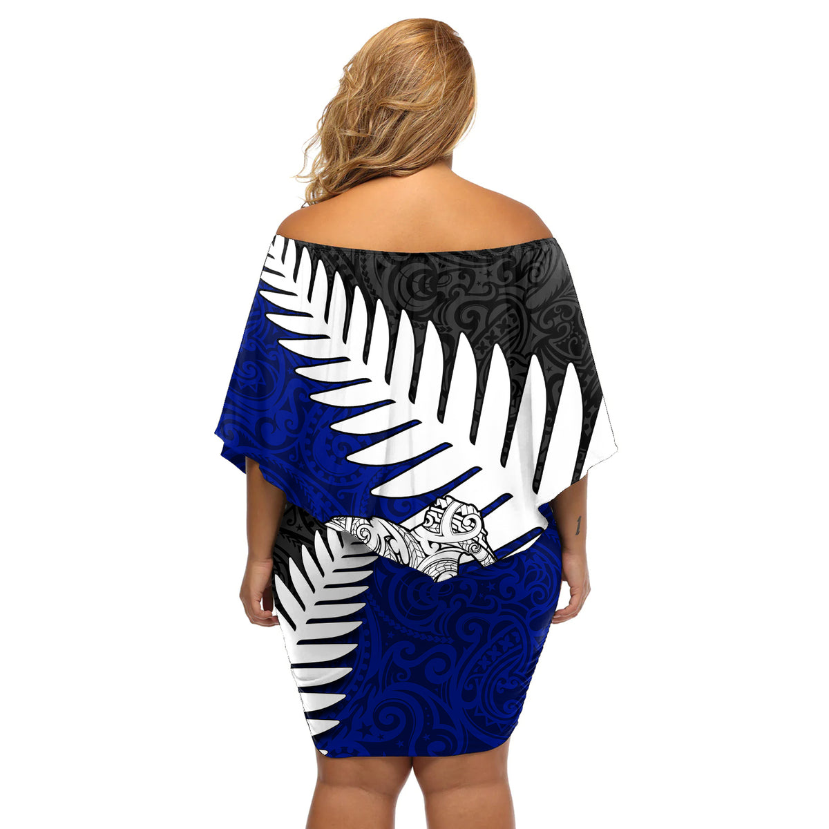 Aotearoa New Zealand Off Shoulder Short Dress Silver Fern Kiwi Bird and NZ Map with Maori Tribal Blue Style LT03 - Polynesian Pride