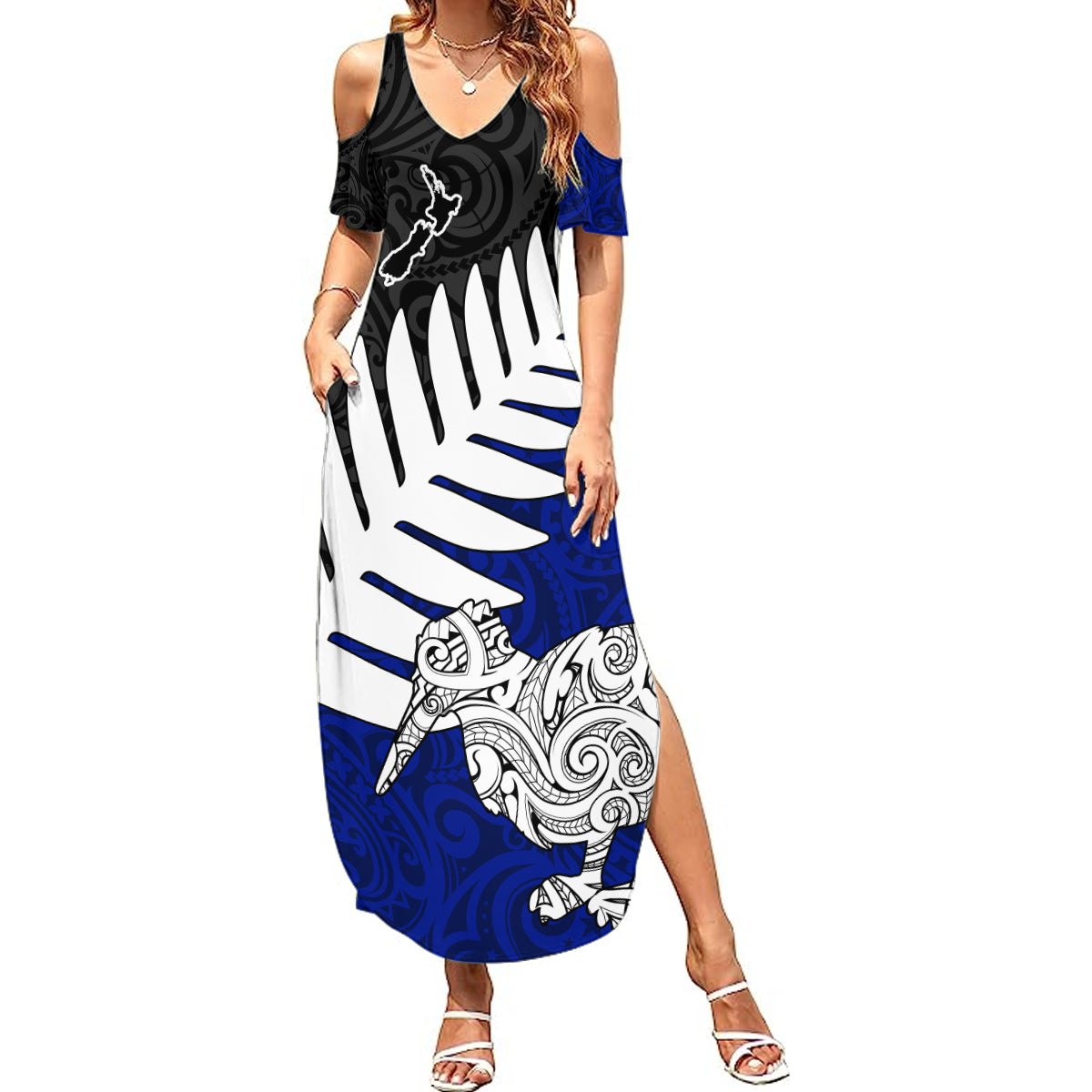 Aotearoa New Zealand Summer Maxi Dress Silver Fern Kiwi Bird and NZ Map with Maori Tribal Blue Style LT03 Women Blue - Polynesian Pride