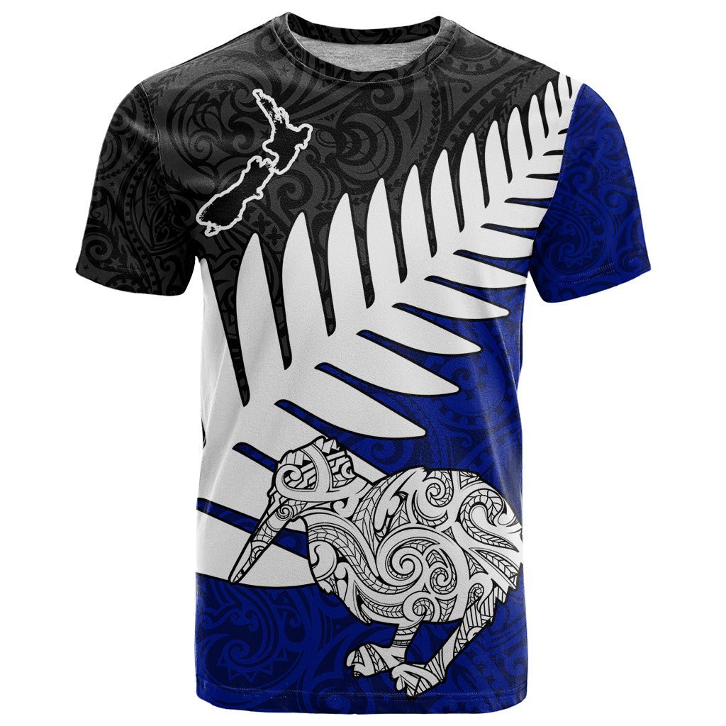 Aotearoa New Zealand T Shirt Silver Fern Kiwi Bird and NZ Map with Maori Tribal Blue Style LT03 Blue - Polynesian Pride