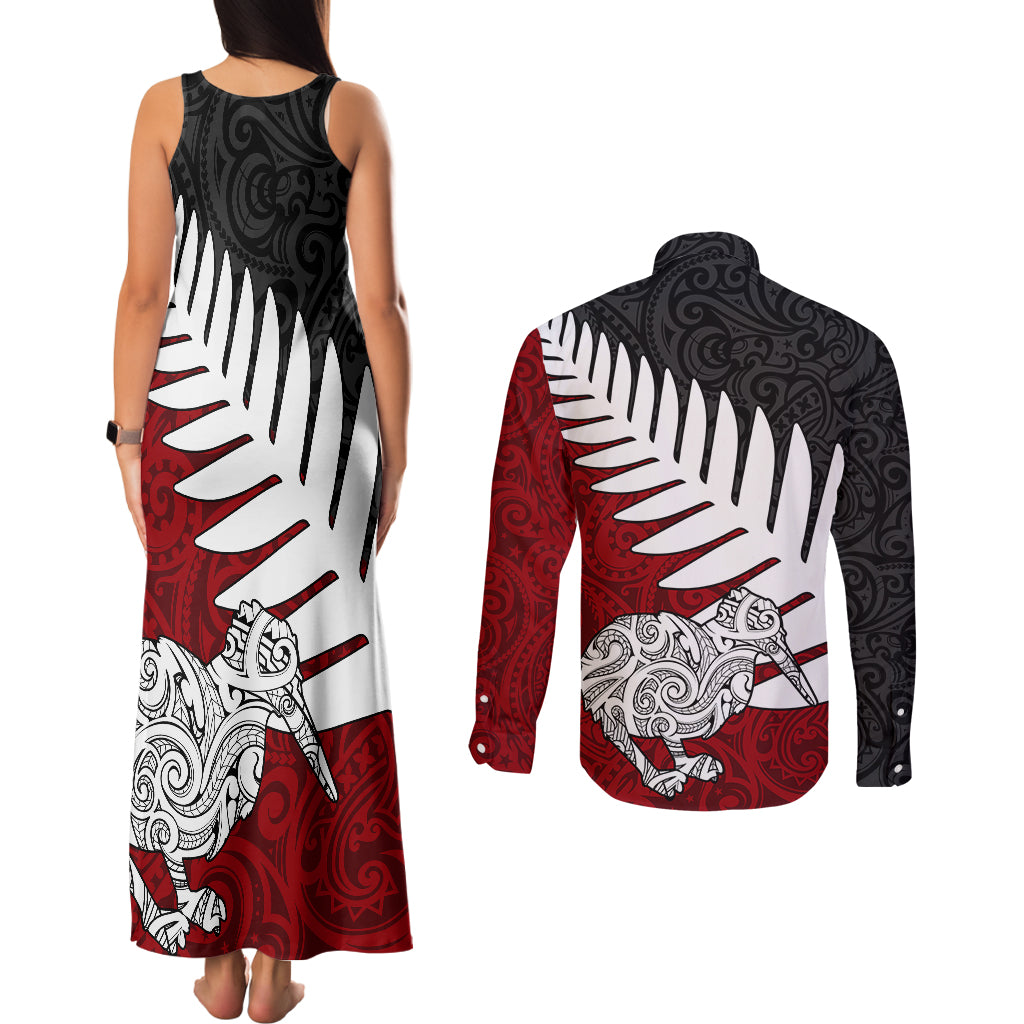Aotearoa New Zealand Couples Matching Tank Maxi Dress and Long Sleeve Button Shirts Silver Fern Kiwi Bird and NZ Map with Maori Tribal Red Style LT03 - Polynesian Pride