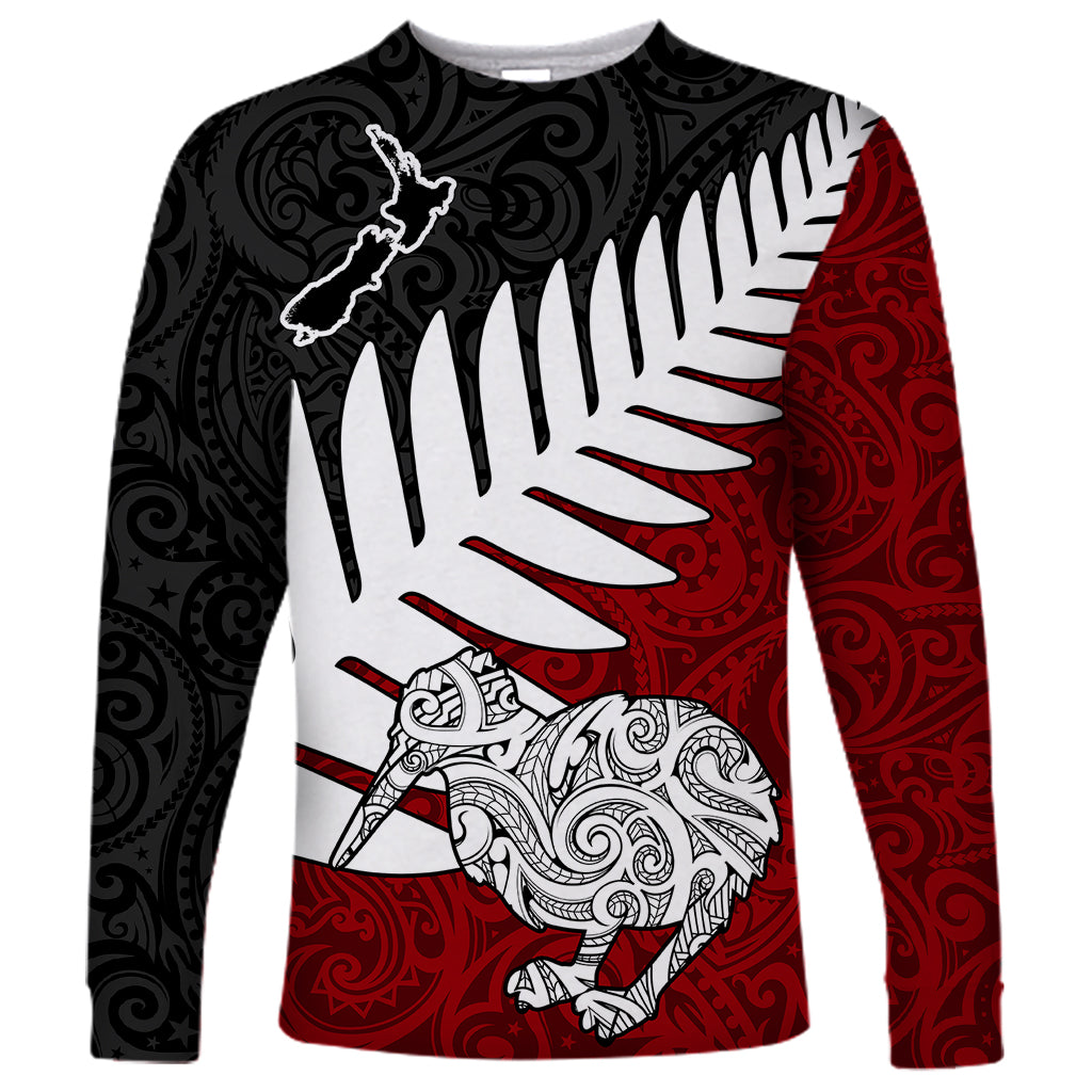 Aotearoa New Zealand Long Sleeve Shirt Silver Fern Kiwi Bird and NZ Map with Maori Tribal Red Style LT03 Unisex Pink - Polynesian Pride