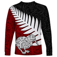 Aotearoa New Zealand Long Sleeve Shirt Silver Fern Kiwi Bird and NZ Map with Maori Tribal Red Style LT03 - Polynesian Pride