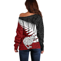 Aotearoa New Zealand Off Shoulder Sweater Silver Fern Kiwi Bird and NZ Map with Maori Tribal Red Style LT03 - Polynesian Pride