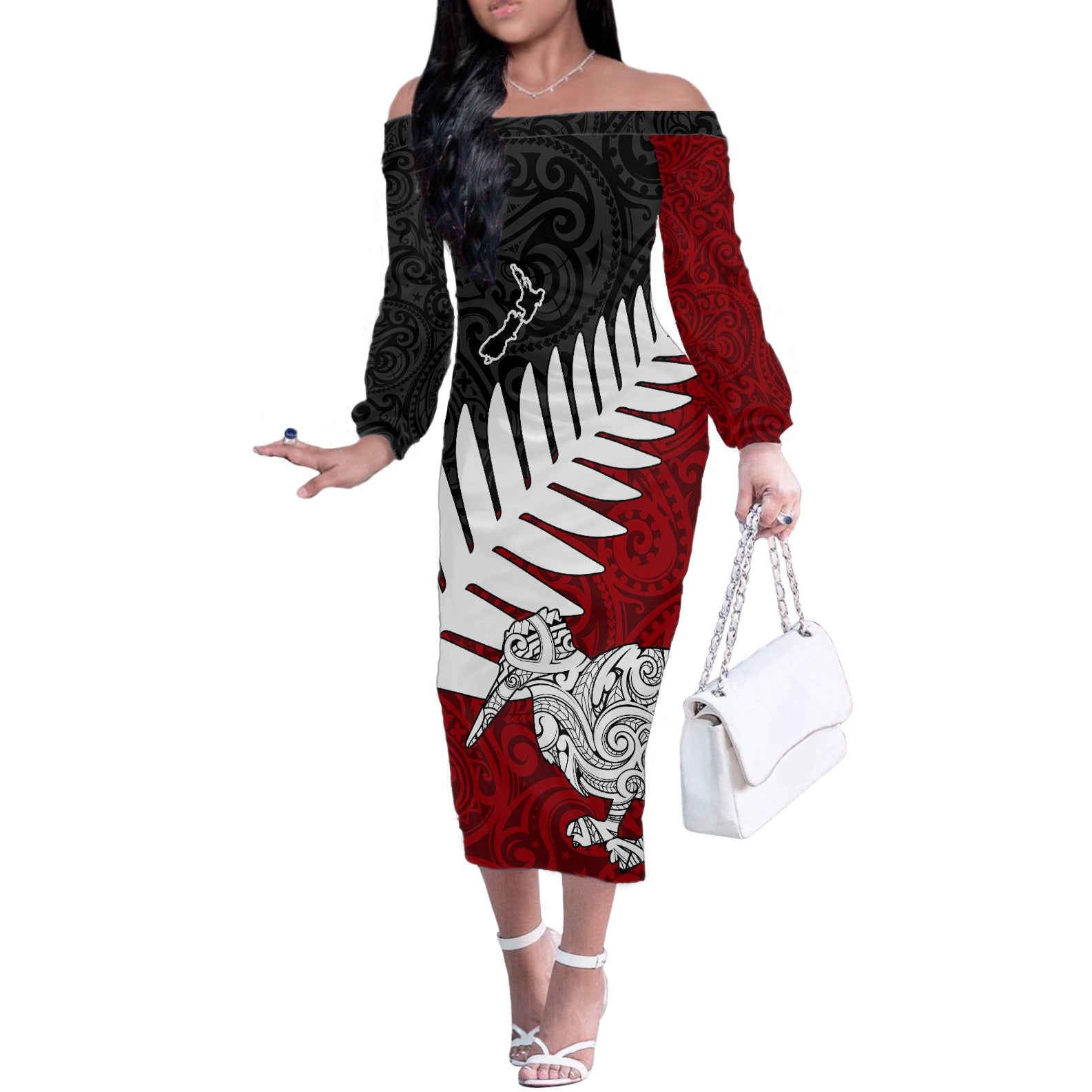 Aotearoa New Zealand Off The Shoulder Long Sleeve Dress Silver Fern Kiwi Bird and NZ Map with Maori Tribal Red Style LT03 Women Pink - Polynesian Pride