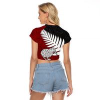 Aotearoa New Zealand Raglan Cropped T Shirt Silver Fern Kiwi Bird and NZ Map with Maori Tribal Red Style LT03 - Polynesian Pride