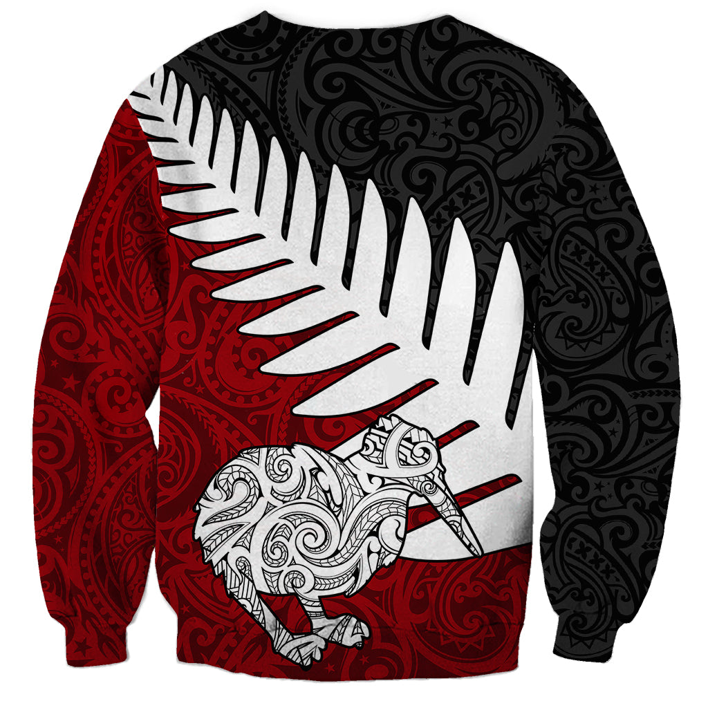 Aotearoa New Zealand Sweatshirt Silver Fern Kiwi Bird and NZ Map with Maori Tribal Red Style LT03 - Polynesian Pride