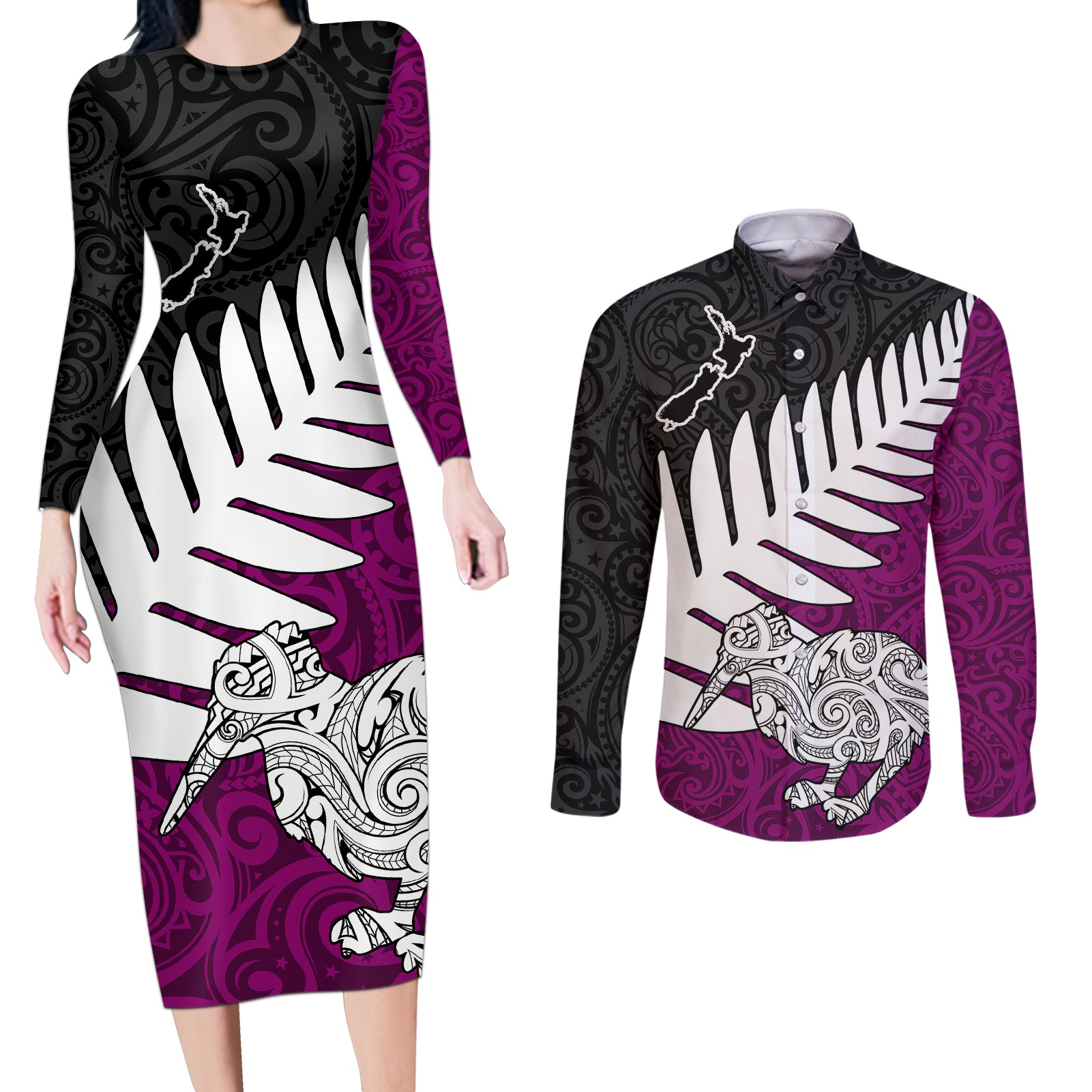 Aotearoa New Zealand Couples Matching Long Sleeve Bodycon Dress and Long Sleeve Button Shirts Silver Fern Kiwi Bird and NZ Map with Maori Tribal Pink Style LT03 Red - Polynesian Pride