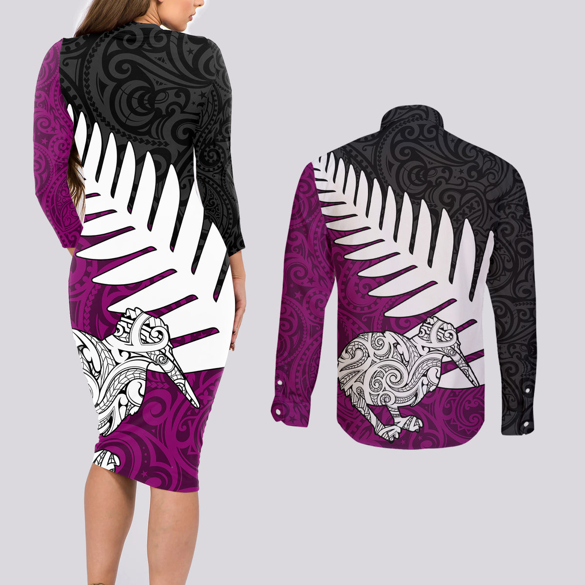 Aotearoa New Zealand Couples Matching Long Sleeve Bodycon Dress and Long Sleeve Button Shirts Silver Fern Kiwi Bird and NZ Map with Maori Tribal Pink Style LT03 - Polynesian Pride