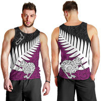 Aotearoa New Zealand Men Tank Top Silver Fern Kiwi Bird and NZ Map with Maori Tribal Pink Style LT03 - Polynesian Pride