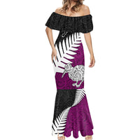 Aotearoa New Zealand Mermaid Dress Silver Fern Kiwi Bird and NZ Map with Maori Tribal Pink Style LT03 - Polynesian Pride