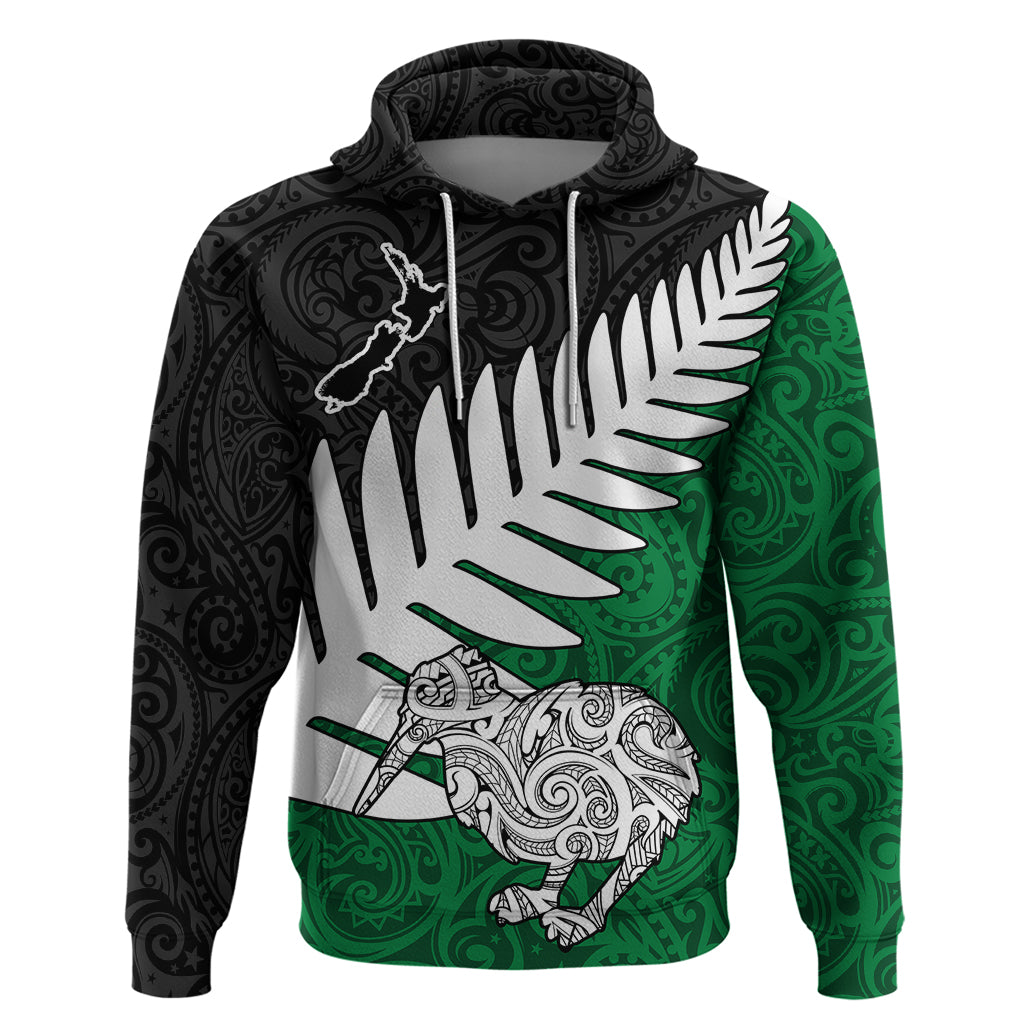 Aotearoa New Zealand Hoodie Silver Fern Kiwi Bird and NZ Map with Maori Tribal Green Style LT03 Pullover Hoodie Green - Polynesian Pride