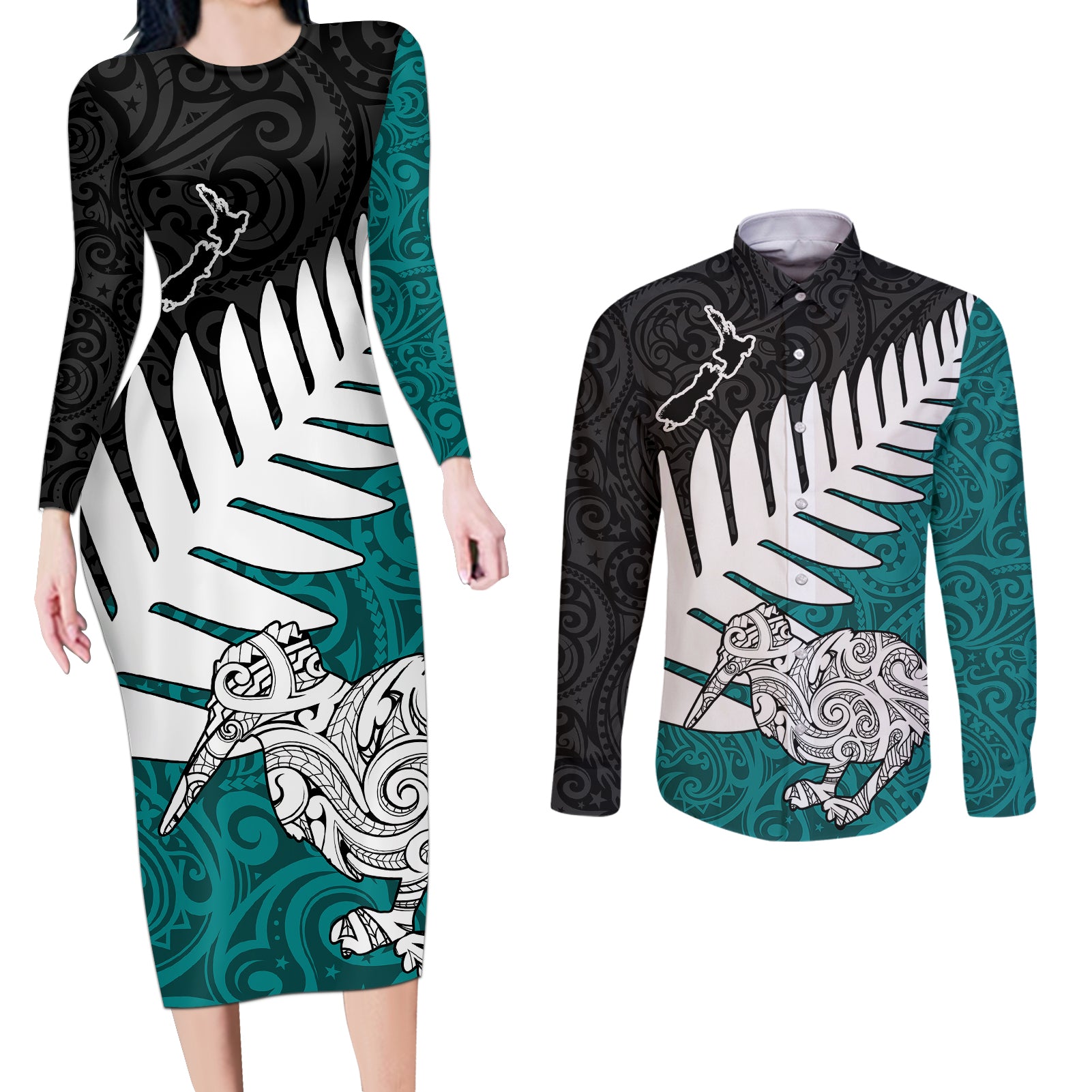 Aotearoa New Zealand Couples Matching Long Sleeve Bodycon Dress and Long Sleeve Button Shirts Silver Fern Kiwi Bird and NZ Map with Maori Tribal Turquoise Style LT03 Turquoise - Polynesian Pride