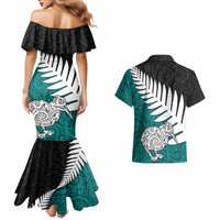 Aotearoa New Zealand Couples Matching Mermaid Dress and Hawaiian Shirt Silver Fern Kiwi Bird and NZ Map with Maori Tribal Turquoise Style LT03 - Polynesian Pride