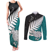Aotearoa New Zealand Couples Matching Tank Maxi Dress and Long Sleeve Button Shirts Silver Fern Kiwi Bird and NZ Map with Maori Tribal Turquoise Style LT03 Turquoise - Polynesian Pride