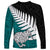 Aotearoa New Zealand Long Sleeve Shirt Silver Fern Kiwi Bird and NZ Map with Maori Tribal Turquoise Style LT03 - Polynesian Pride