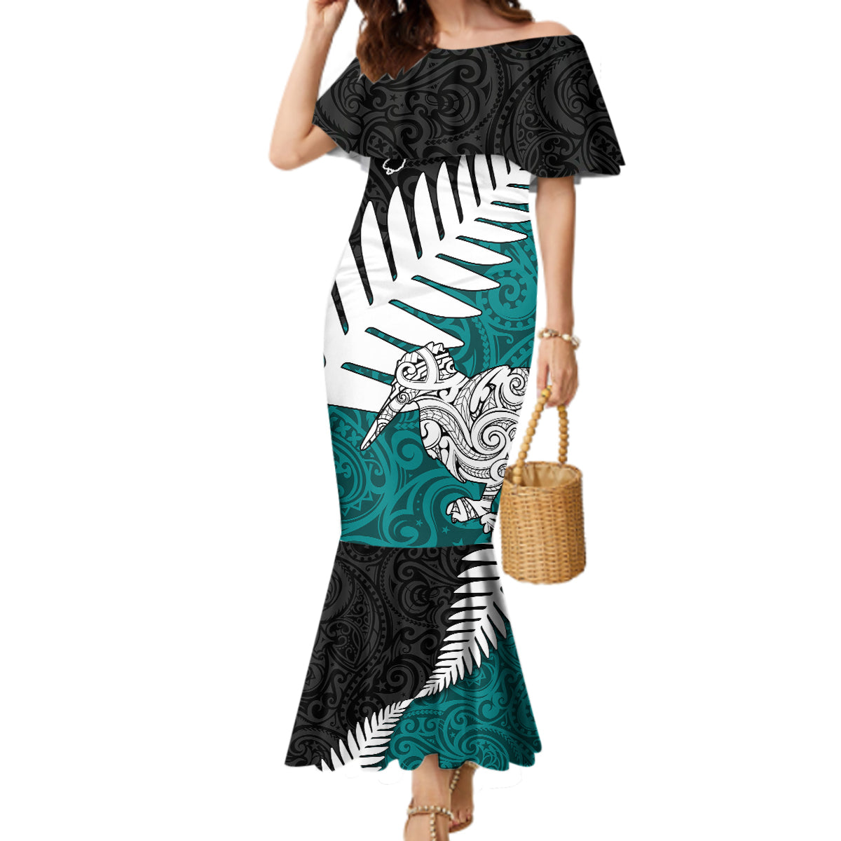 Aotearoa New Zealand Mermaid Dress Silver Fern Kiwi Bird and NZ Map with Maori Tribal Turquoise Style LT03 Women Turquoise - Polynesian Pride