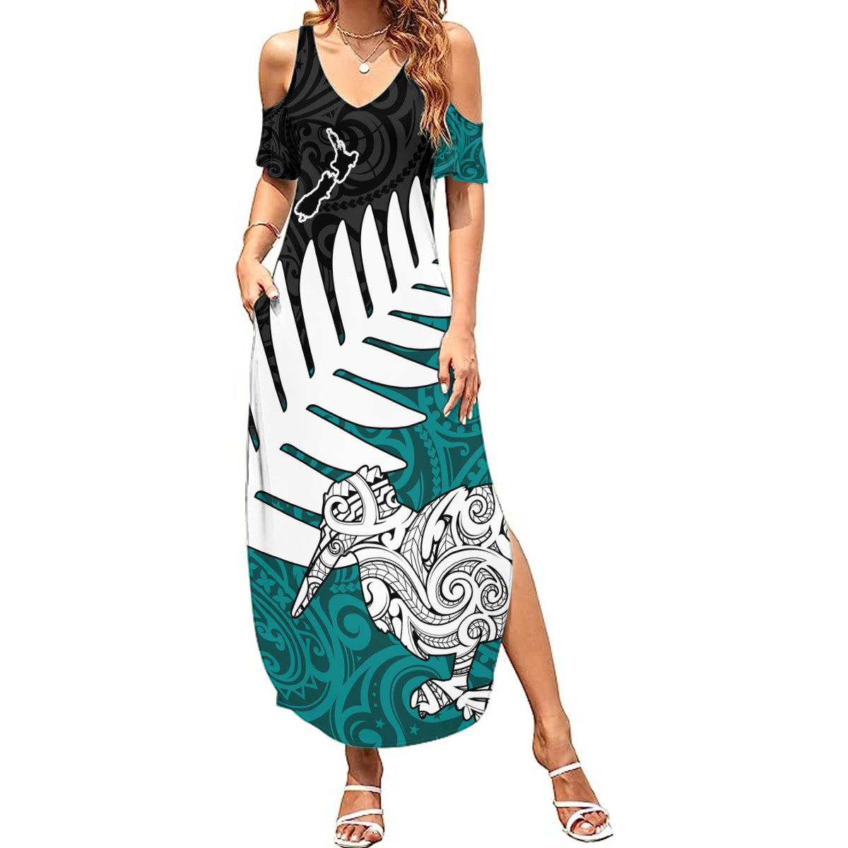 Aotearoa New Zealand Summer Maxi Dress Silver Fern Kiwi Bird and NZ Map with Maori Tribal Turquoise Style LT03 Women Turquoise - Polynesian Pride