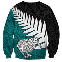 Aotearoa New Zealand Sweatshirt Silver Fern Kiwi Bird and NZ Map with Maori Tribal Turquoise Style LT03 - Polynesian Pride