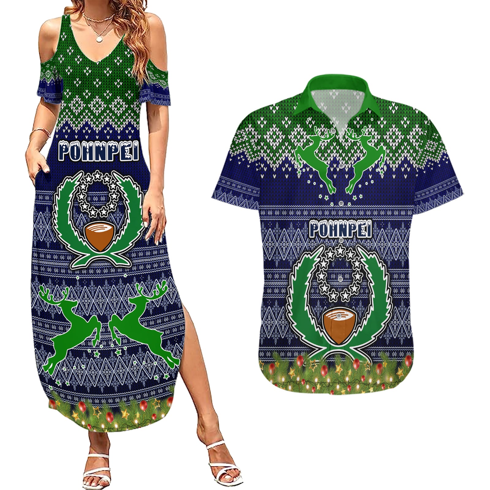 pohnpei-state-christmas-couples-matching-summer-maxi-dress-and-hawaiian-shirt-coat-of-arms-beautiful-merry-xmas-snowflake