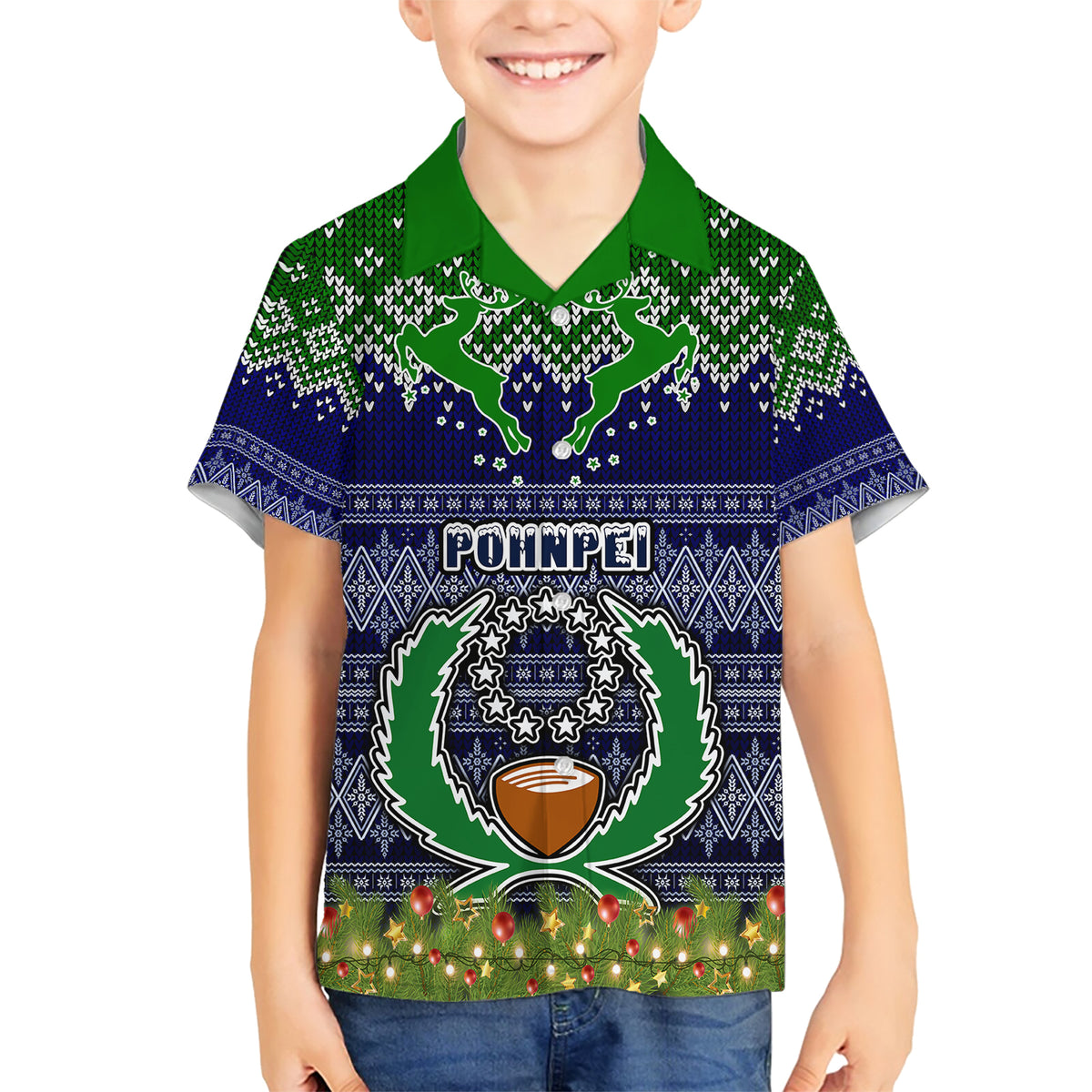 Pohnpei State Christmas Family Matching Short Sleeve Bodycon Dress and Hawaiian Shirt Coat of Arms Beautiful Merry Xmas Snowflake LT03 Son's Shirt Blue - Polynesian Pride