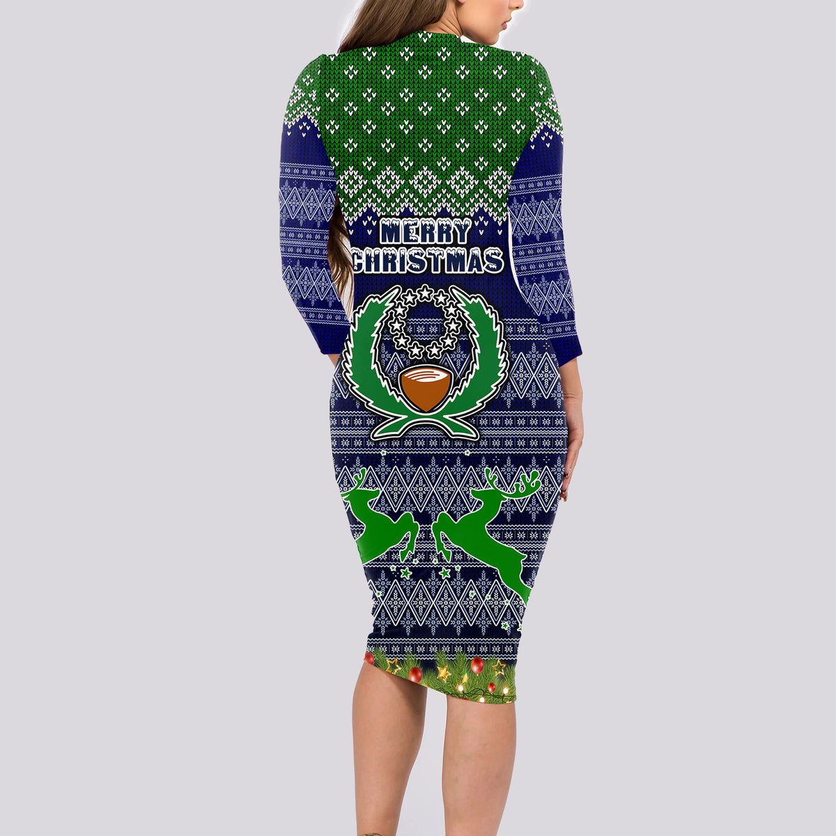 pohnpei-state-christmas-long-sleeve-bodycon-dress-coat-of-arms-beautiful-merry-xmas-snowflake