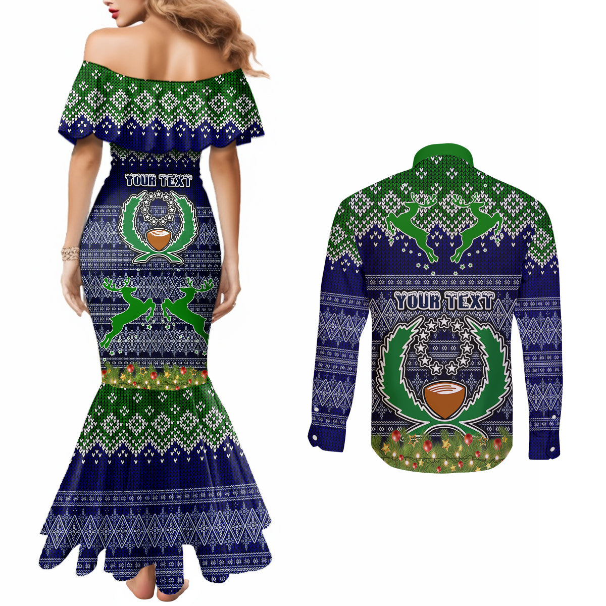 personalised-pohnpei-state-christmas-couples-matching-mermaid-dress-and-long-sleeve-button-shirts-coat-of-arms-beautiful-merry-xmas-snowflake