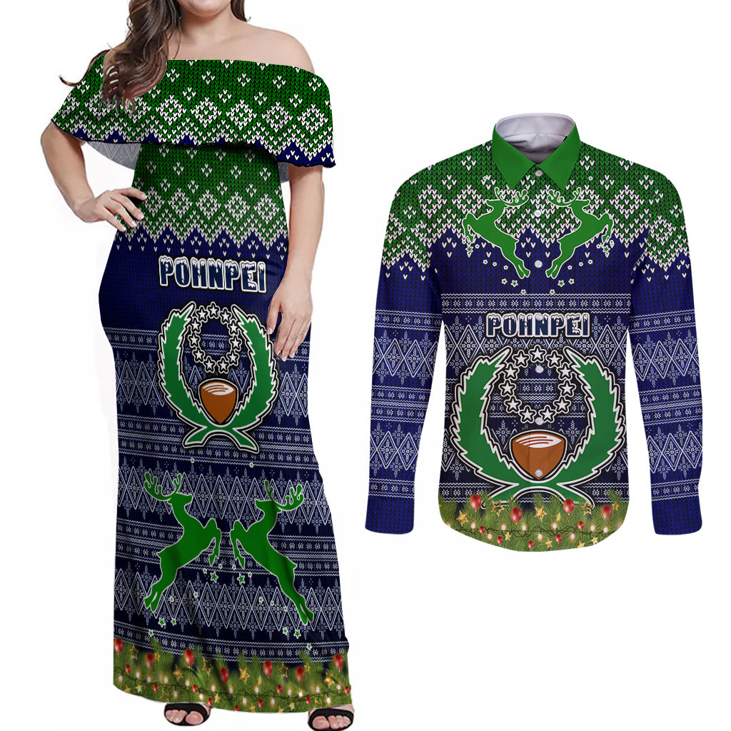 personalised-pohnpei-state-christmas-couples-matching-off-shoulder-maxi-dress-and-long-sleeve-button-shirts-coat-of-arms-beautiful-merry-xmas-snowflake
