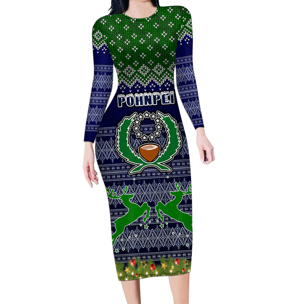 personalised-pohnpei-state-christmas-family-matching-long-sleeve-bodycon-dress-and-hawaiian-shirt-coat-of-arms-beautiful-merry-xmas-snowflake