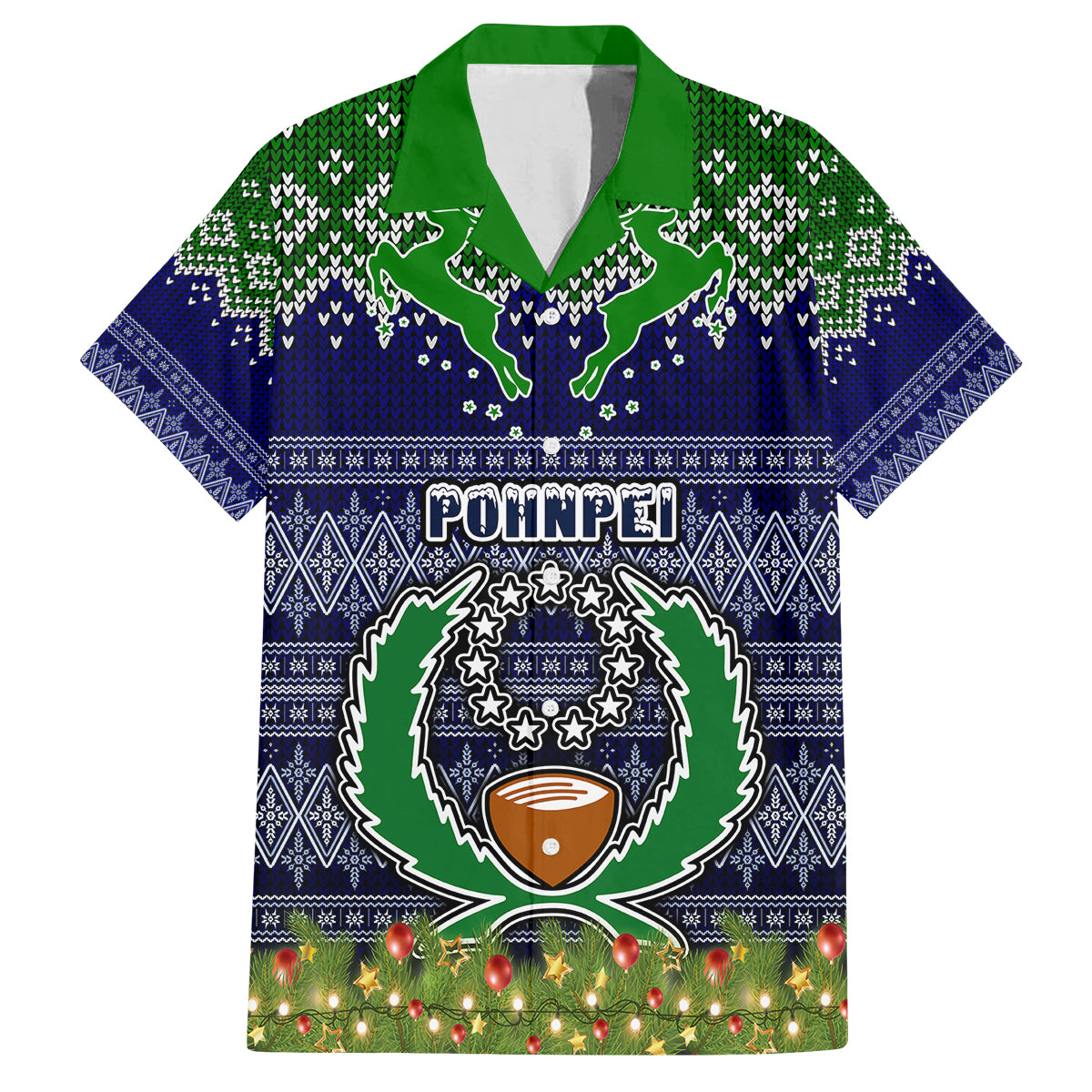 Personalised Pohnpei State Christmas Family Matching Puletasi Dress and Hawaiian Shirt Coat of Arms Beautiful Merry Xmas Snowflake LT03 Dad's Shirt - Short Sleeve Blue - Polynesian Pride