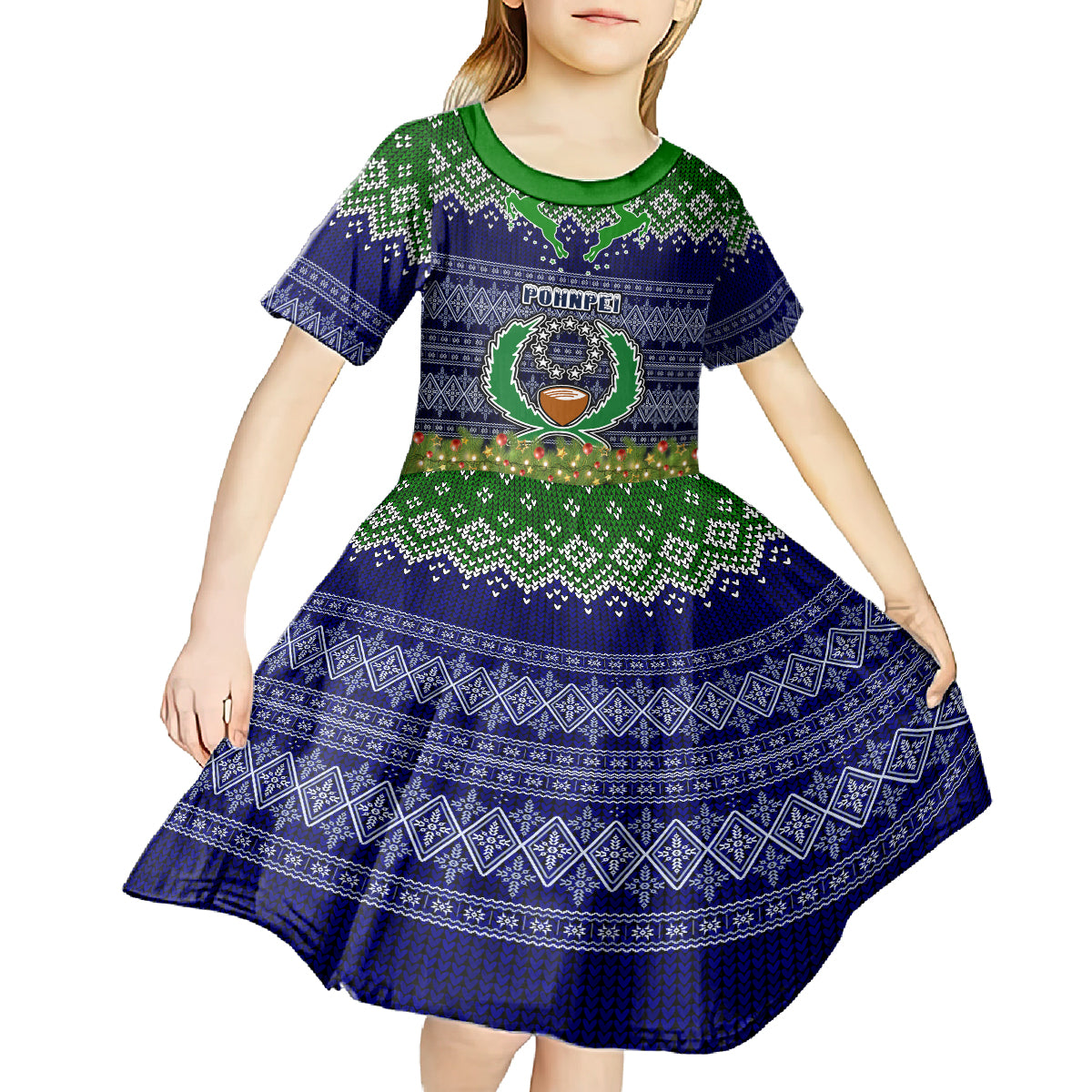 personalised-pohnpei-state-christmas-kid-short-sleeve-dress-coat-of-arms-beautiful-merry-xmas-snowflake