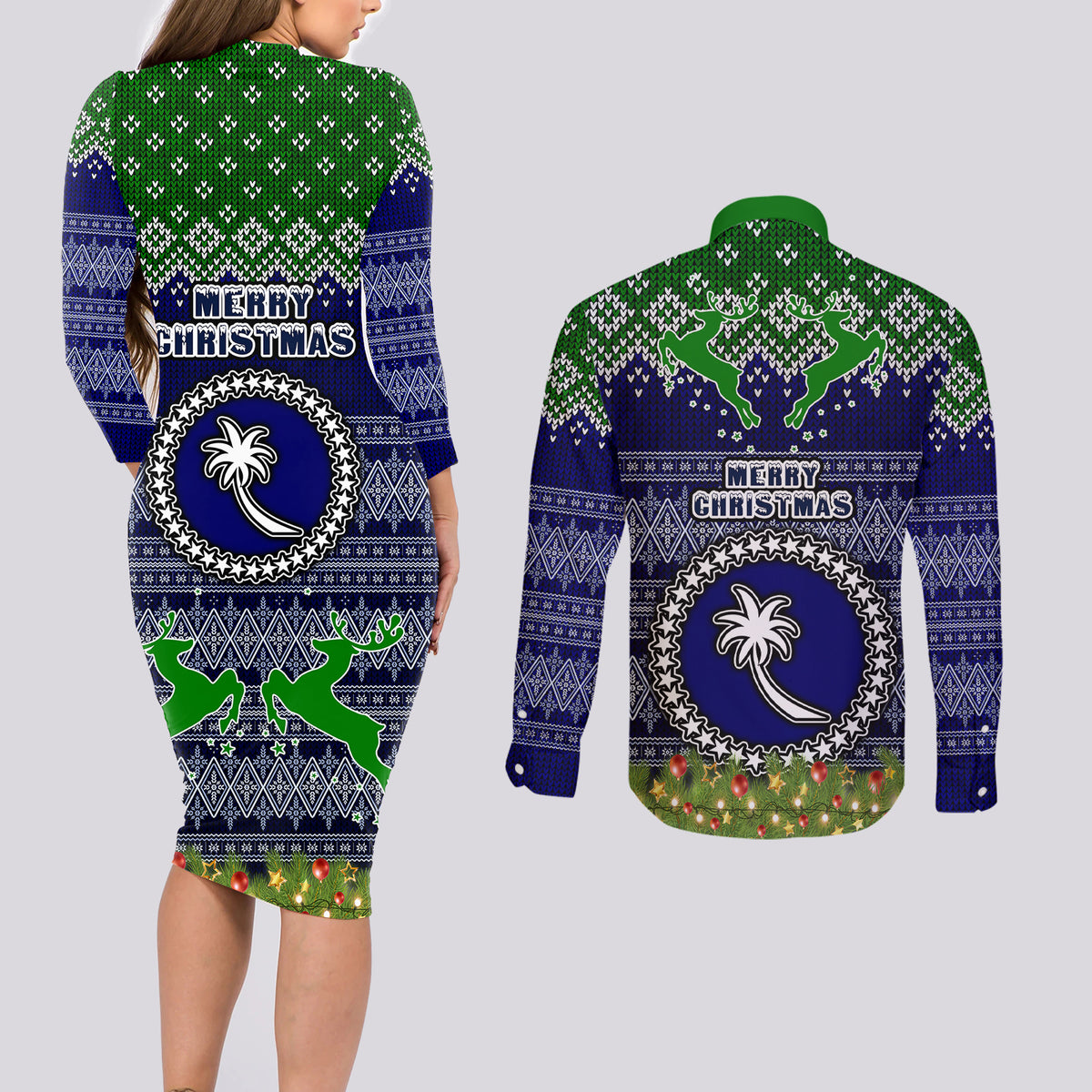 chuuk-state-christmas-couples-matching-long-sleeve-bodycon-dress-and-long-sleeve-button-shirts-coat-of-arms-beautiful-merry-xmas-snowflake