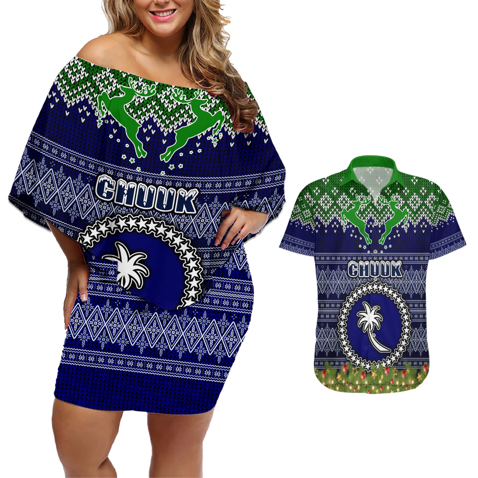 chuuk-state-christmas-couples-matching-off-shoulder-short-dress-and-hawaiian-shirt-coat-of-arms-beautiful-merry-xmas-snowflake