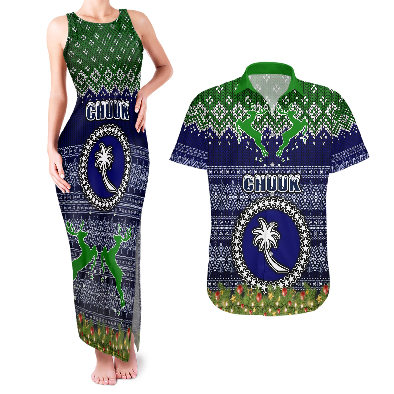 chuuk-state-christmas-couples-matching-tank-maxi-dress-and-hawaiian-shirt-coat-of-arms-beautiful-merry-xmas-snowflake