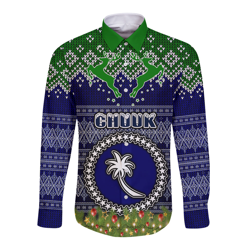 chuuk-state-christmas-long-sleeve-button-shirt-coat-of-arms-beautiful-merry-xmas-snowflake