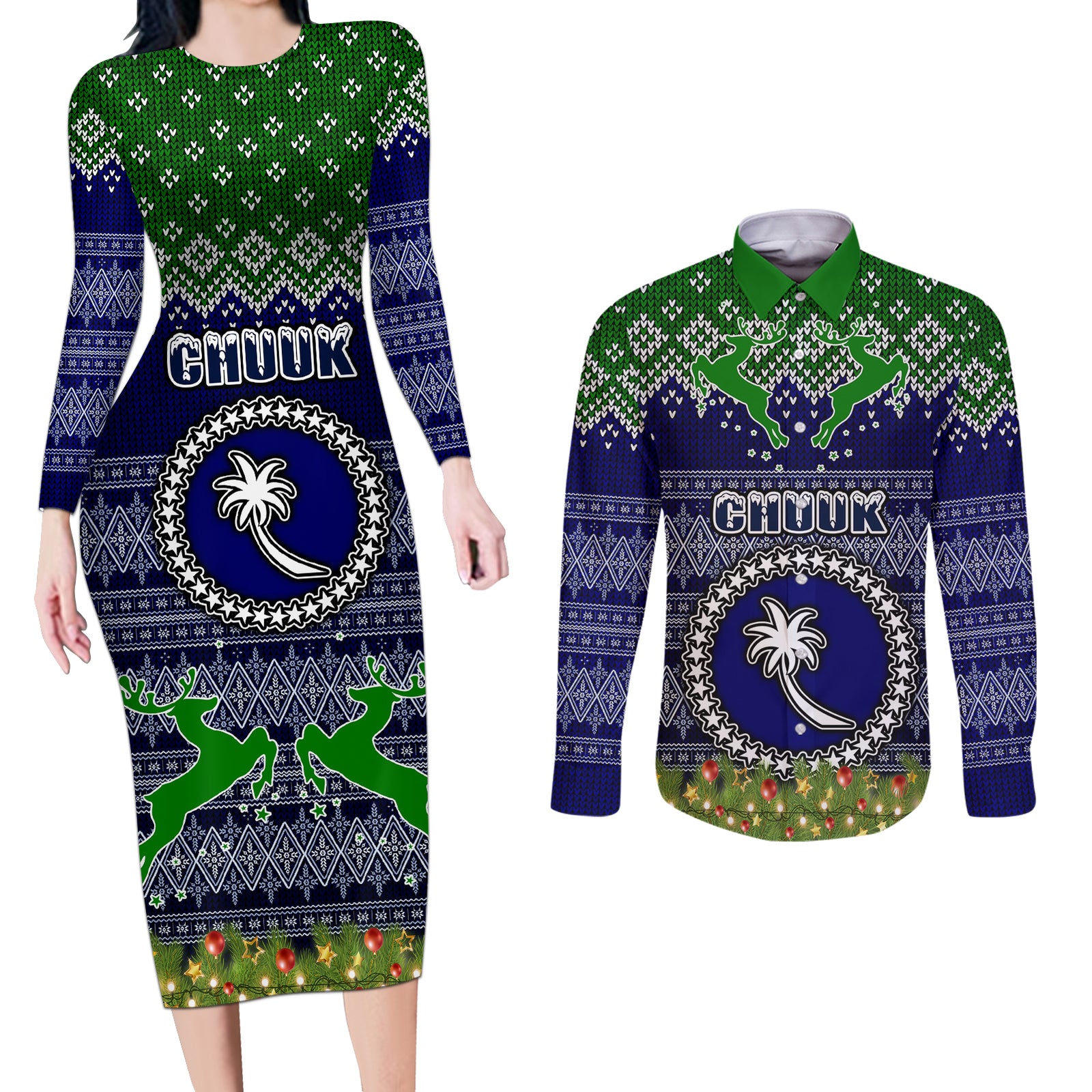 personalised-chuuk-state-christmas-couples-matching-long-sleeve-bodycon-dress-and-long-sleeve-button-shirts-coat-of-arms-beautiful-merry-xmas-snowflake