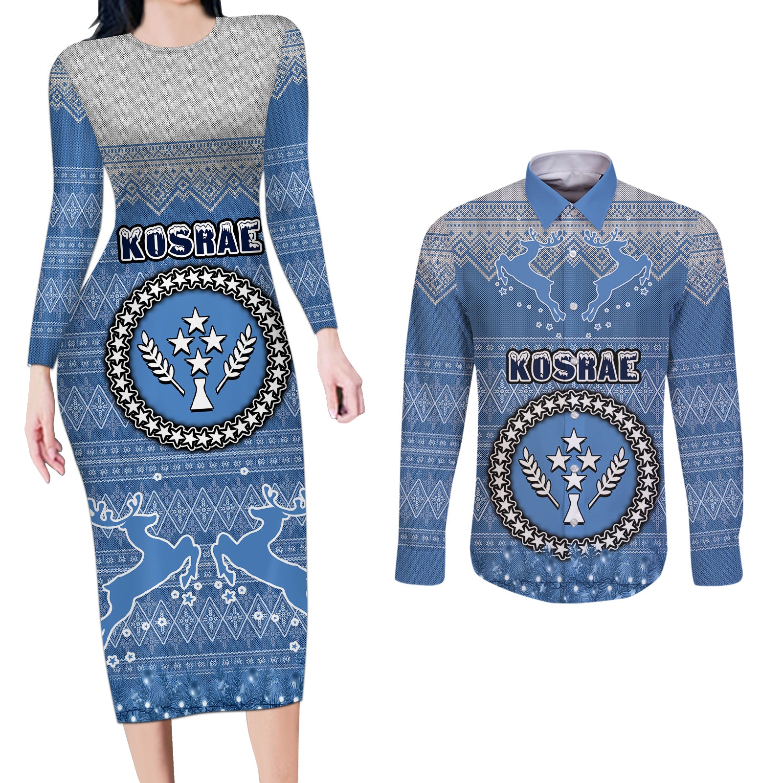 kosrae-christmas-couples-matching-long-sleeve-bodycon-dress-and-long-sleeve-button-shirts-coat-of-arms-beautiful-merry-xmas-snowflake