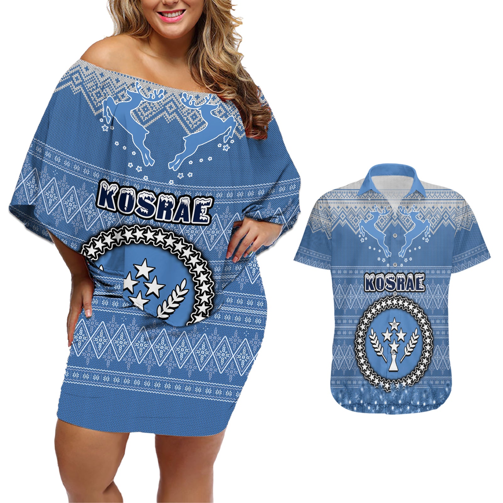 kosrae-christmas-couples-matching-off-shoulder-short-dress-and-hawaiian-shirt-coat-of-arms-beautiful-merry-xmas-snowflake