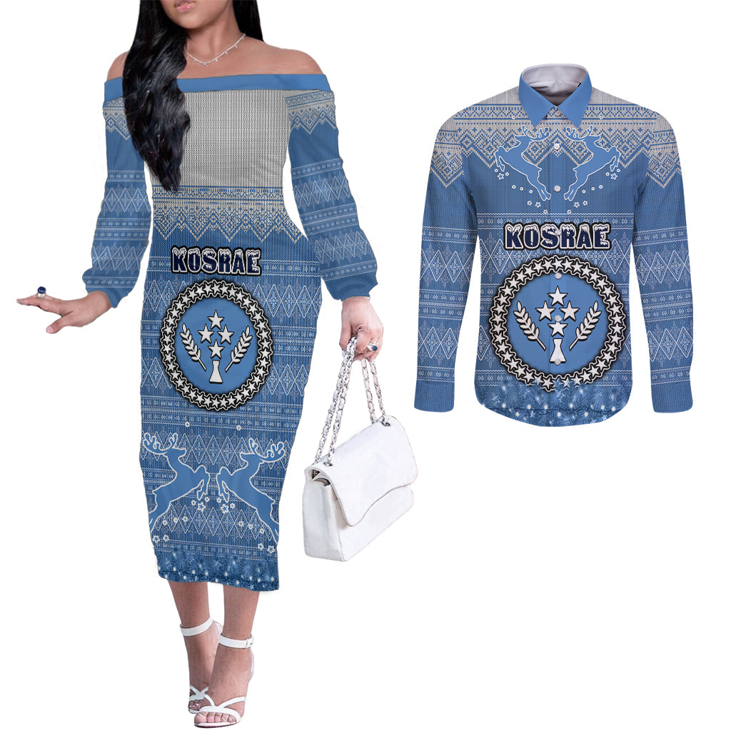 kosrae-christmas-couples-matching-off-the-shoulder-long-sleeve-dress-and-long-sleeve-button-shirts-coat-of-arms-beautiful-merry-xmas-snowflake