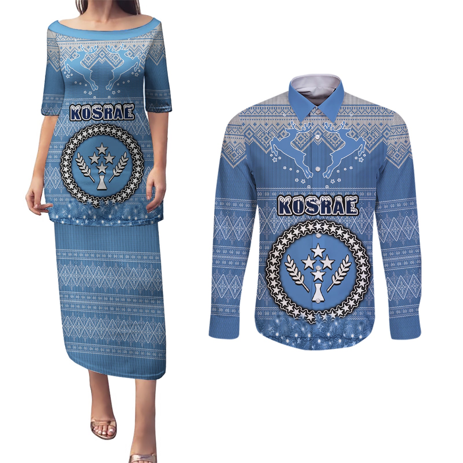 kosrae-christmas-couples-matching-puletasi-dress-and-long-sleeve-button-shirts-coat-of-arms-beautiful-merry-xmas-snowflake